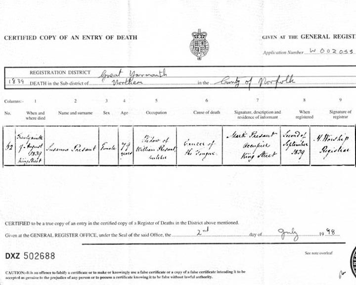 Death Certificate for Sussanah Presant